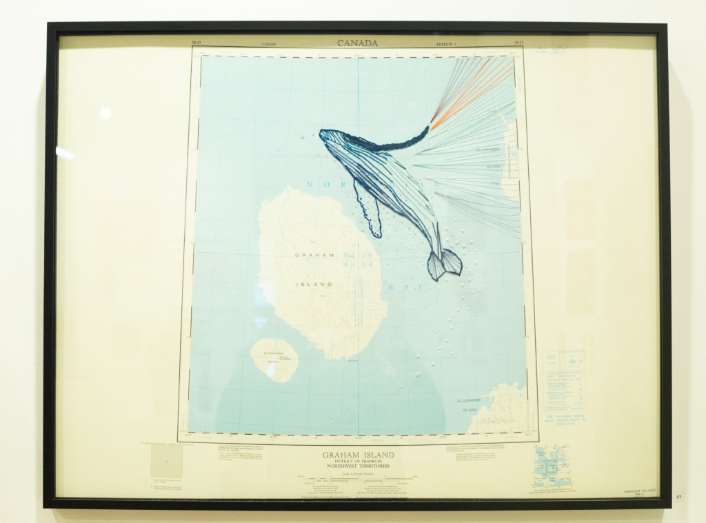 Kathleen Black, map with embroidery and whale drawing