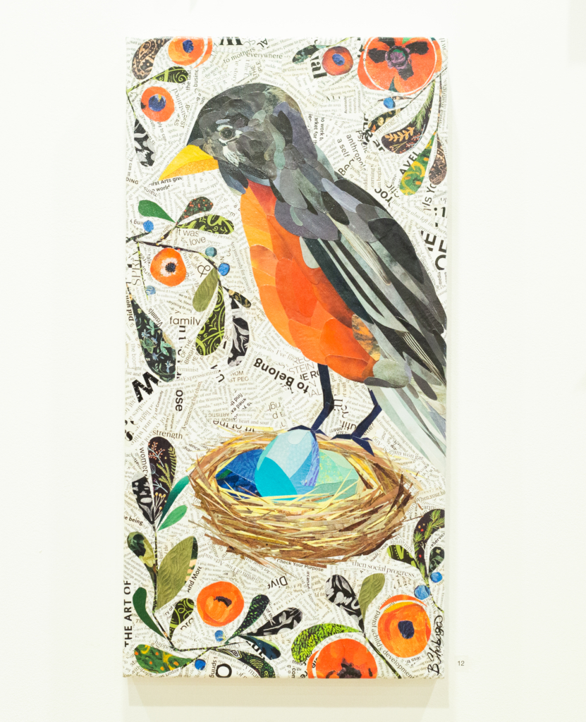 Brandi Shabaga, Collaged Robin and eggs in nest on canvas